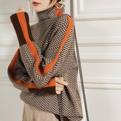 Agnieszka – Stylowy sweter z golfem i pomarańczowymi akcentami